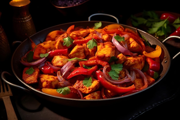 Un primer plano de un plato de pollo picante jalfrezi