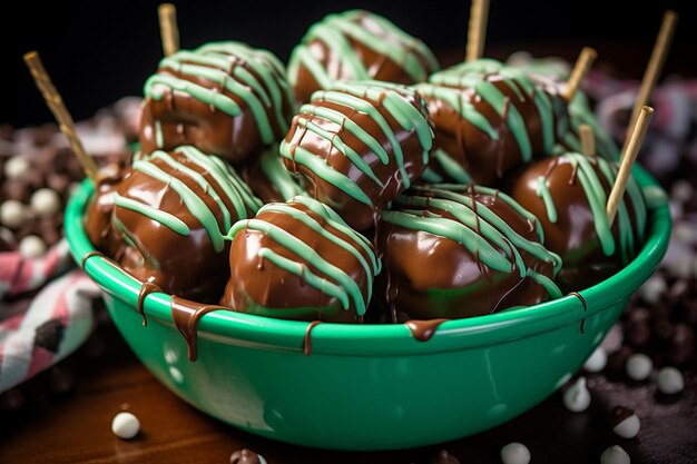 Un primer plano de un plato de pretzels cubiertos de chocolate