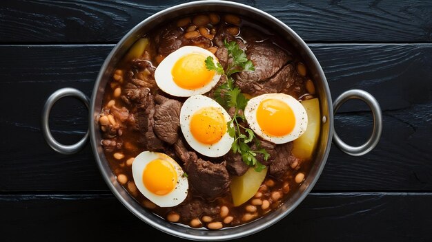 Foto un primer plano del plato principal tradicional judío cholent hamin para la comida del shabbat con carne de res cocida lentamente