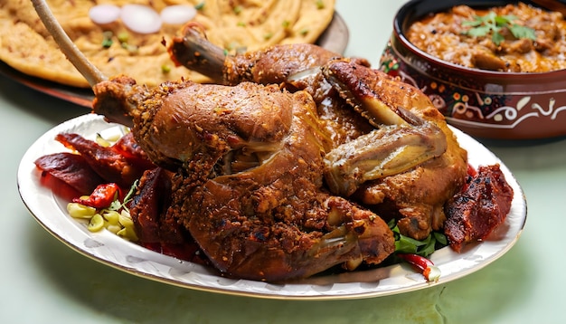 Un primer plano de un plato de sajji, un plato tradicional baluchí con un cordero asado entero