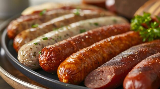 Foto primer plano de un plato de salchichas variadas más allá cada una con un sabor único y condimentos de