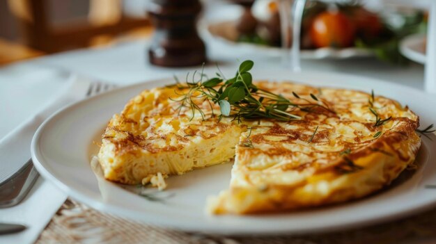 primer plano de un plato con una típica tortilla de patatas tortilla española en una mesa puesta