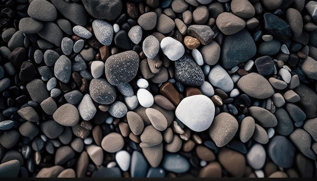 Un primer plano de una playa con rocas y guijarros