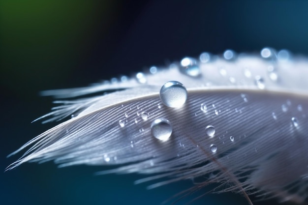 Un primer plano de una pluma blanca con gotas de agua sobre ella