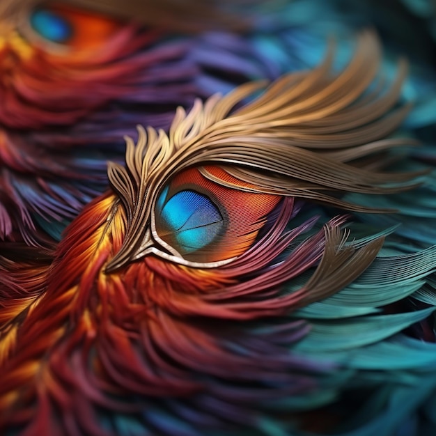 Un primer plano de una pluma colorida con un ojo azul generativo ai