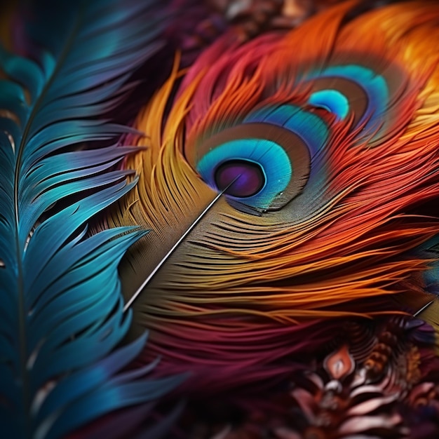 Un primer plano de una pluma colorida sobre una pila de plumas