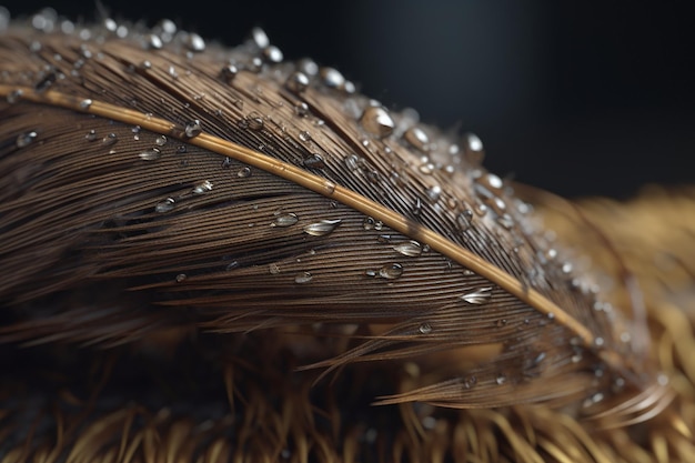 Un primer plano de una pluma con gotas de agua sobre ella