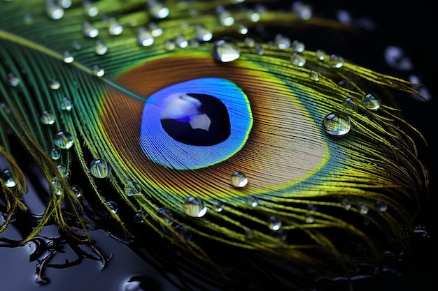 Foto un primer plano de una pluma de pavo real con gotas de agua