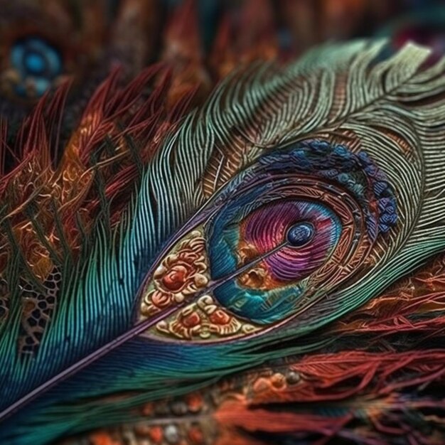 Un primer plano de una pluma de pavo real con un ojo generativo colorido