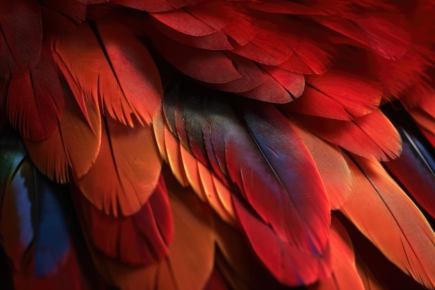 Primer plano de las plumas del ave guacamaya roja generada por IA