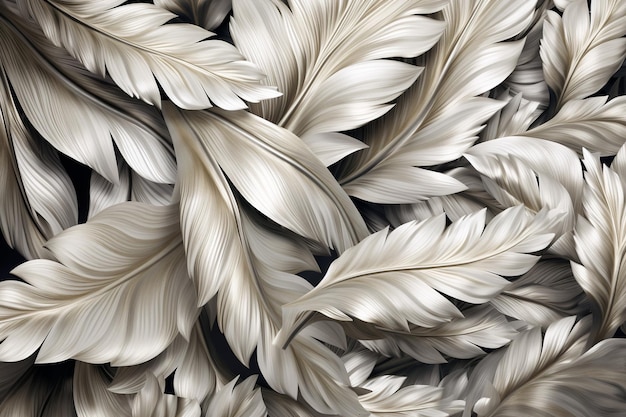 Un primer plano de plumas blancas y plateadas.