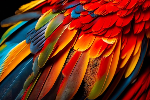 Primer plano de plumas de pájaro coloridas con fondo negro IA generativa