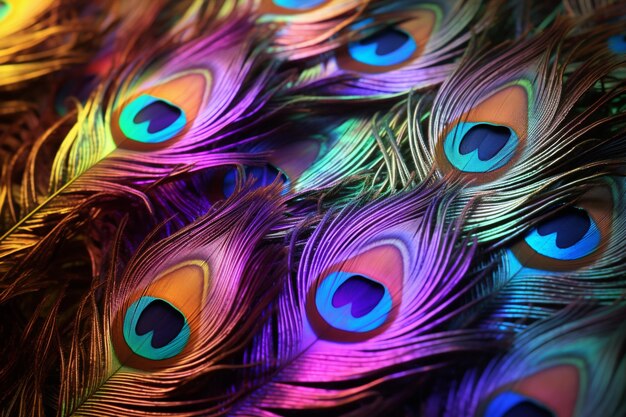 Foto primer plano de las plumas de pavo real de los colores del arco iris