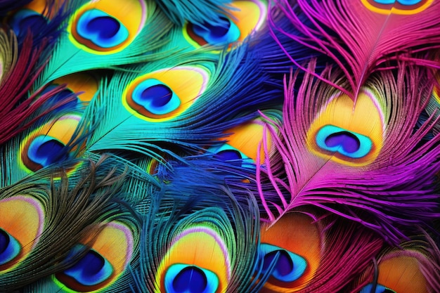 Primer plano de plumas de pavo real de colores Fondo colorido Plumas de pavo real de colores sobre un fondo de colores Primer plano generado por IA