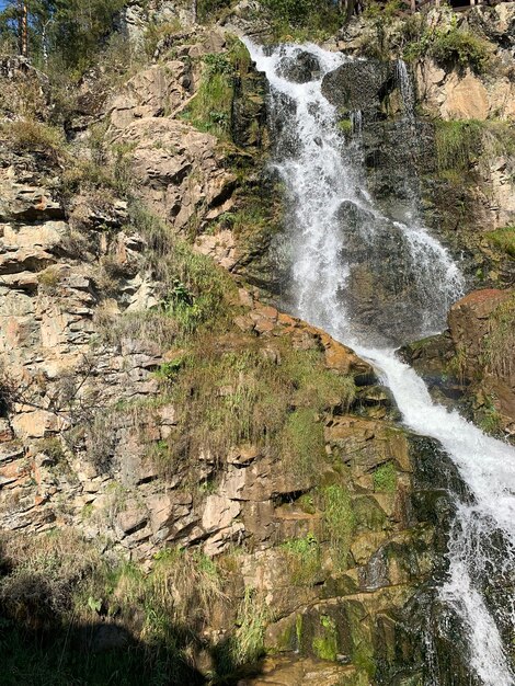 Primer plano de una poderosa cascada de alta calidad. Vista lateral de una cascada bañada por el sol en la naturaleza. Un gran chorro de agua desciende de la montaña.