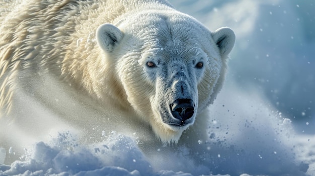 Foto un primer plano de un poderoso oso polar de pie contra una manta de nieve soplando su grueso pelaje enmarañado y