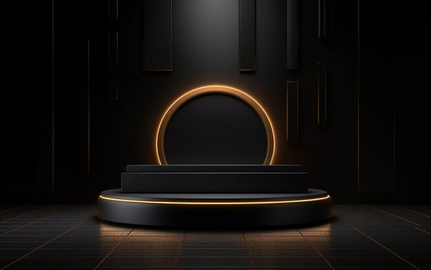 un primer plano de un podio negro con un círculo brillante ai generativo