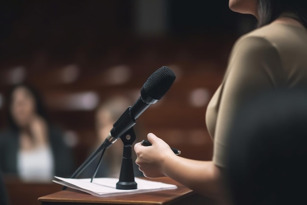 Primer plano de una política irreconocible en anillos de pie en la tribuna con micrófonos