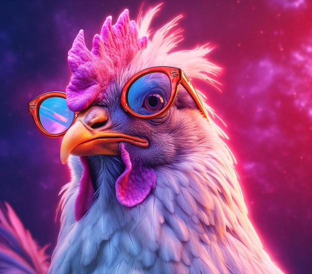 Un primer plano de un pollo con gafas de sol y un cabello rosado ai generativo