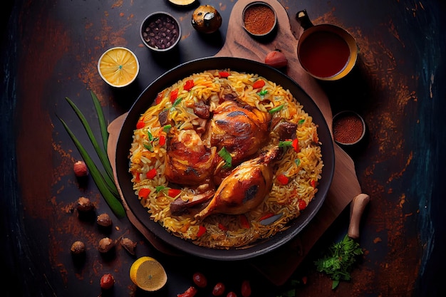 primer plano de pollo mandi arroz plato Generativo Ai