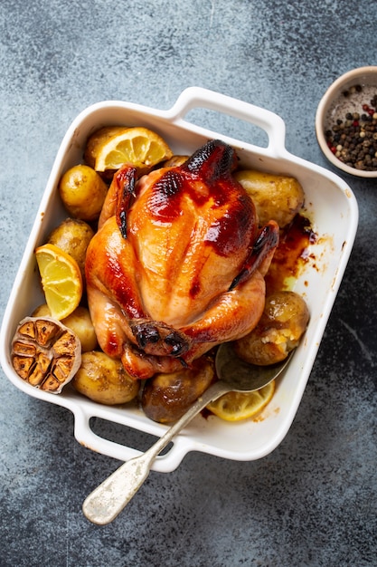 Primer plano de pollo orgánico crujiente jugoso entero horneado o asado con papas, ajo, limón en una cazuela blanca con cuchara sobre fondo rústico de hormigón, vista superior