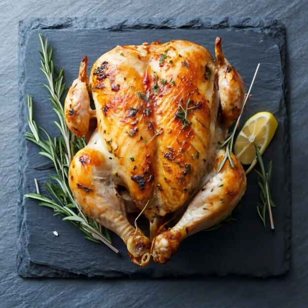 Un primer plano de pollo tostado crujiente y jugoso en una tabla de pizarra en la mesa.