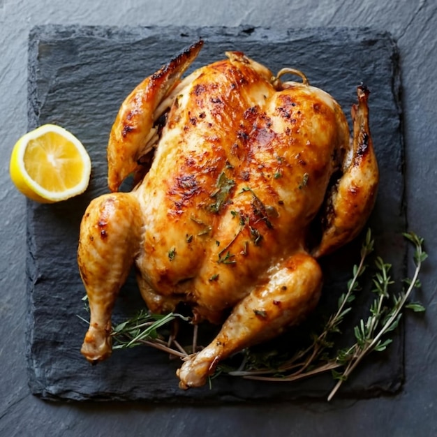 Un primer plano de pollo tostado crujiente y jugoso en una tabla de pizarra en la mesa.