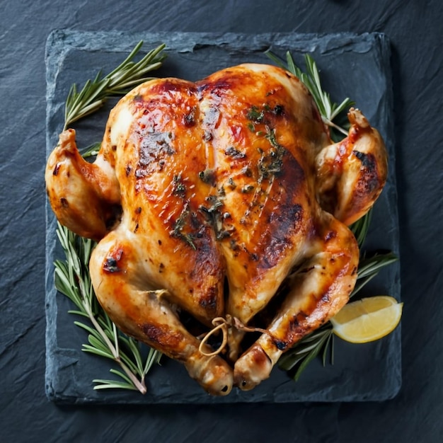 Un primer plano de pollo tostado crujiente y jugoso en una tabla de pizarra en la mesa.