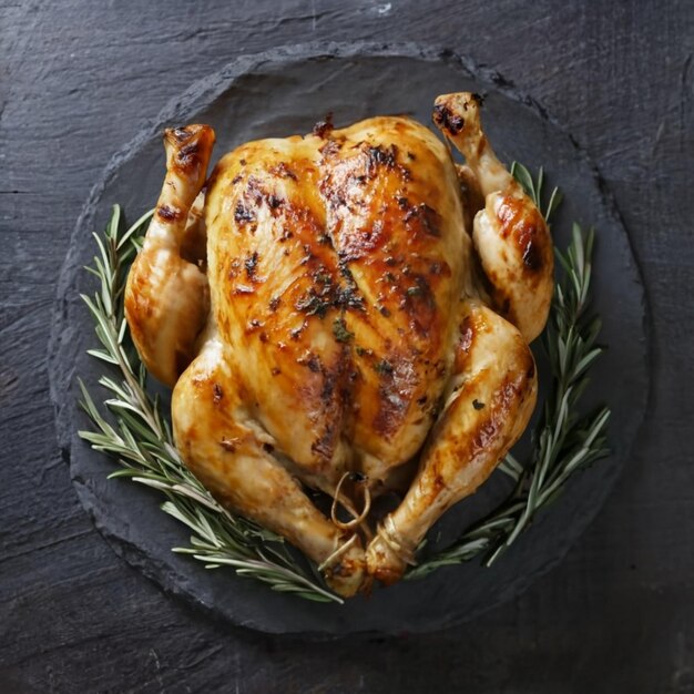 Un primer plano de pollo tostado crujiente y jugoso en una tabla de pizarra en la mesa.