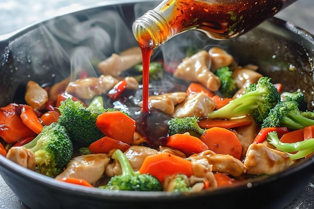 primer plano de pollo y verduras a vapor con zanahorias y brócoli vertiendo una botella de trozo