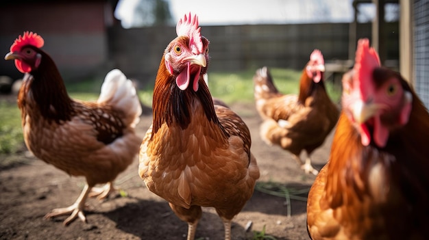 Primer plano de pollos en la granja IA generativa