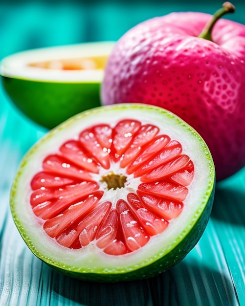 Un primer plano de un pomelo rosa con un fondo verde.