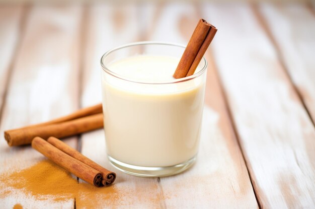 Foto primer plano de ponche de huevo en vaso con bastón de canela