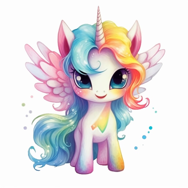 Un primer plano de un pony de dibujos animados con una melena de arco iris generativa ai