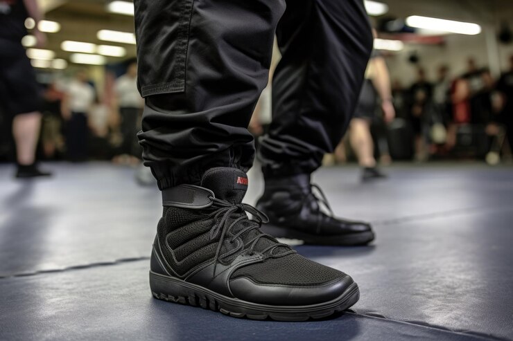 Primer plano de la posición de los pies durante una postura defensiva de krav maga