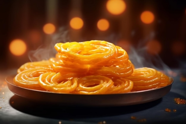 Primer plano del postre Jalebi India AI generativa