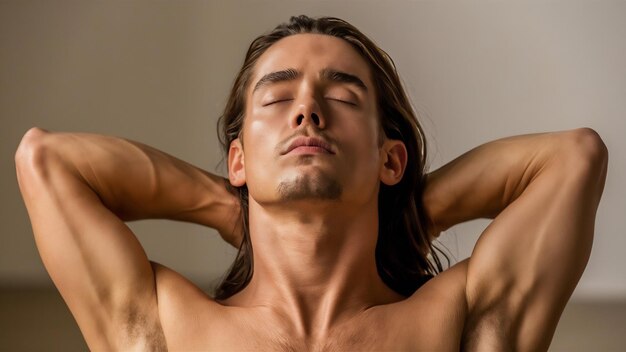 Foto un primer plano de la postura de savasana de la cabeza masculina