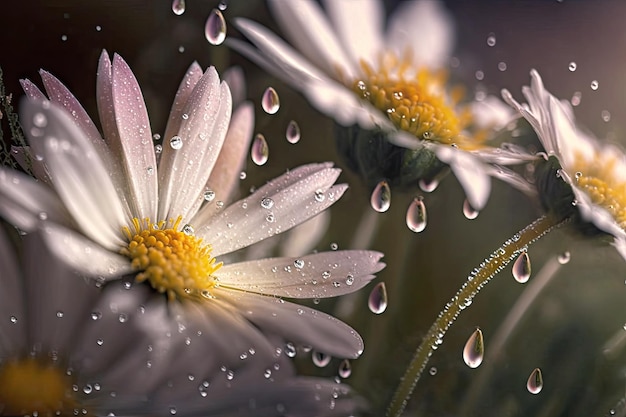 Primer plano de una pradera de flores con gotas de rocío relucientes en los pétalos