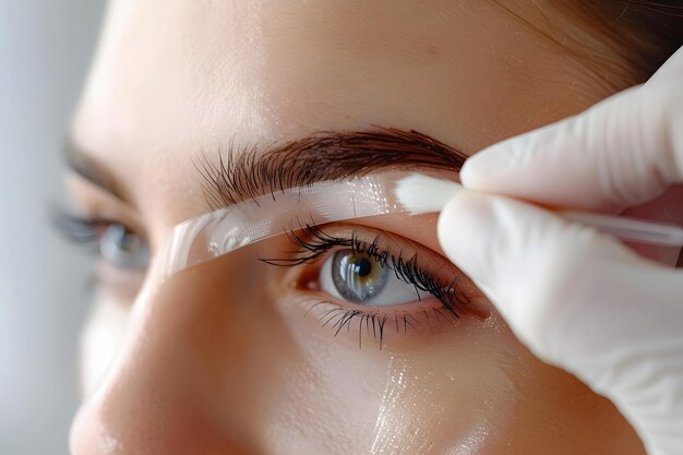 Un primer plano del procedimiento de conformación de las cejas con un enfoque en la precisión y el cuidado