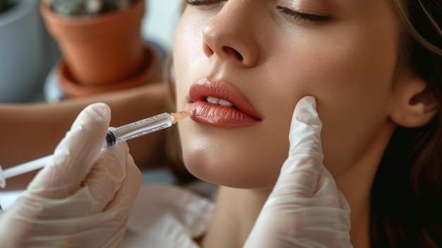 Primer plano del procedimiento de inyecciones en los labios