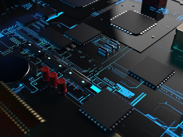 Primer plano de procesadores de computadora con retroiluminación azul brillante