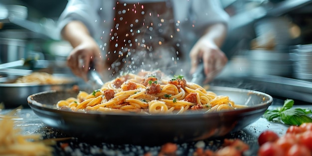 Un primer plano del proceso de cocción de la pasta casera. El chef hace pasta italiana tradicional fresca.