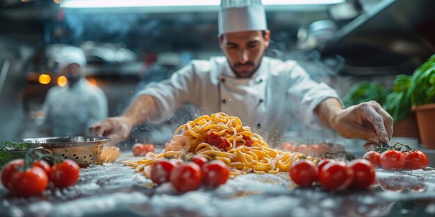 Un primer plano del proceso de cocción de la pasta casera. El chef hace pasta italiana tradicional fresca.