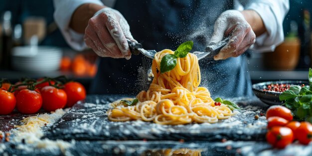 Un primer plano del proceso de cocción de la pasta casera. El chef hace pasta italiana tradicional fresca.