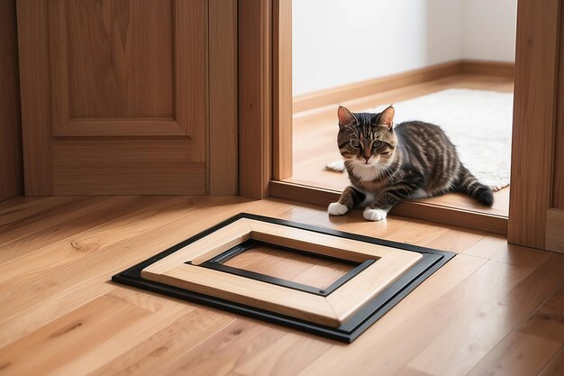 Un primer plano de una puerta de gato en una habitación con un piso de madera generativo ai