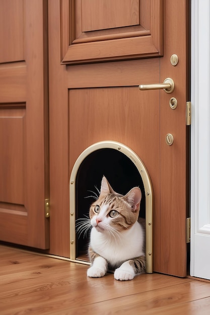 Un primer plano de una puerta de gato en una habitación con un piso de madera generativo ai