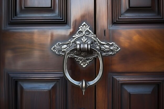 Un primer plano de una puerta de metal en una puerta de madera de una casa IA generativa