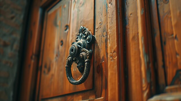 Un primer plano de una puerta de metal en una puerta de madera de una casa IA generativa