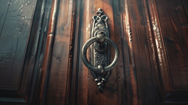 Un primer plano de una puerta de metal en una puerta de madera de una casa IA generativa
