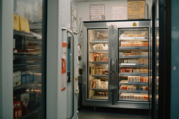 Primer plano de la puerta del refrigerador con productos y letreros visibles creados con IA generativa
